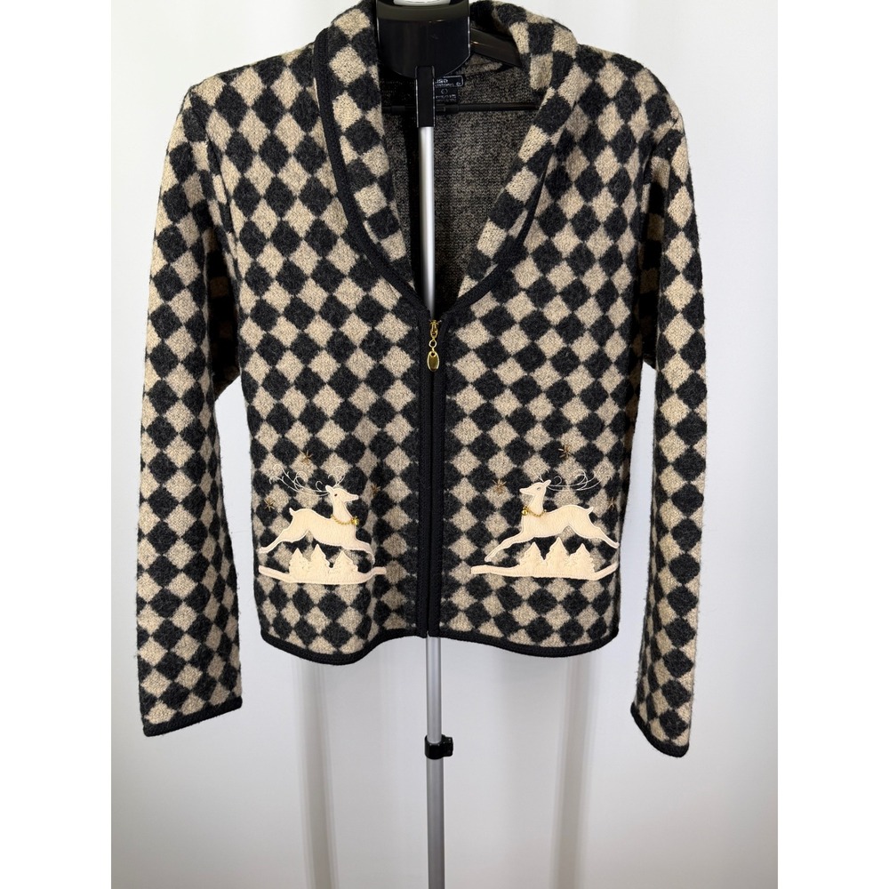 Lisa International Boiled Wool Reindeer Harlequin Diamond Zip Cardigan Large